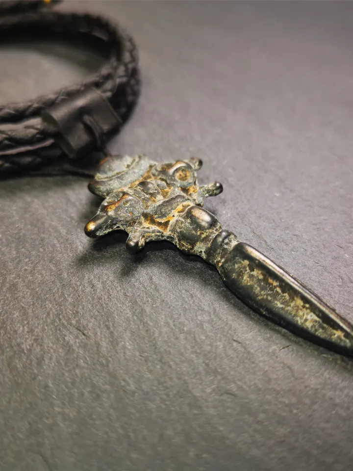 Gandhanra Antique Tibetan Amulet Necklace,Cross Vajra Phurba,Kila(Dorje Phurba) ,Made of Thokcha,70 Years Old,2.36"