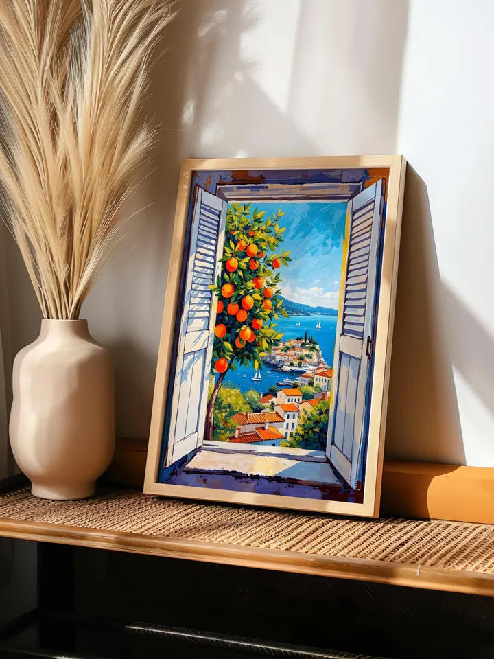 Henri Matisse Inspired Open Window Print Fauvism Coastal Scene Orange Tree Boats Mediterranean View Digital Wall Art Instant Download HMS4