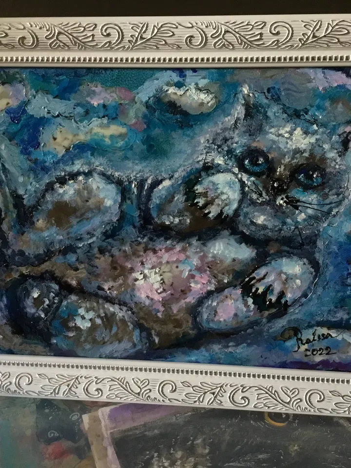 Sky cat,original mix media painting on glass,stained glass panel,cat painting,tabletop,unique gift