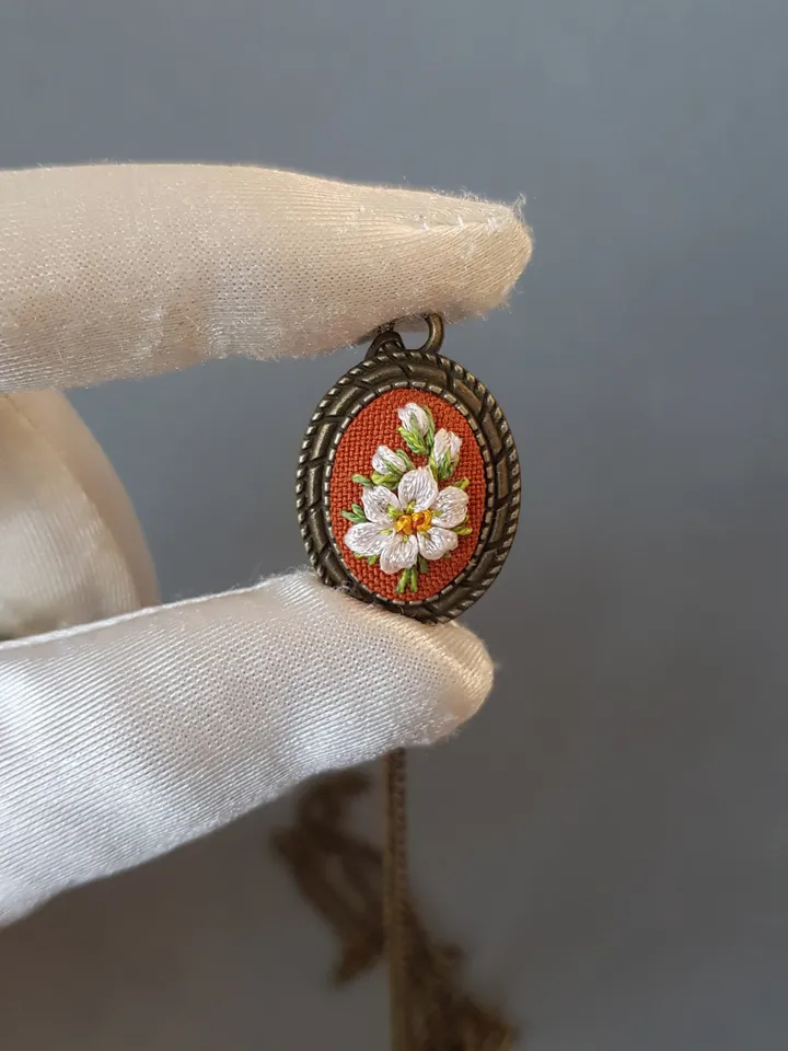 Ribbon embroidered pendant for her, handmade jewelry embroidery
