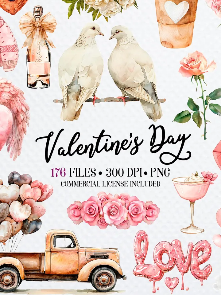 176 Watercolor Valentines Day PNG Bundle, Valentine Teddy Bears, Boho Valentine's Card Making Kit, Love is in the air, Love Day Clipart