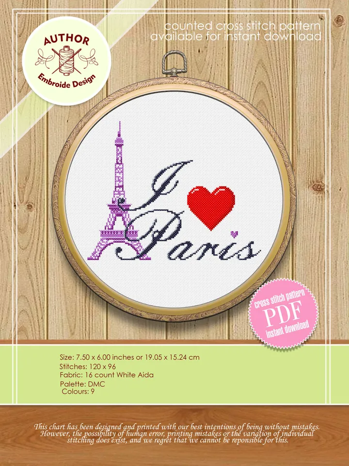 I love Paris cross stitch pattern download PDF Eiffel tower cross stitch chart, Easy beginner embroidery PDF, Paris decor, Heart Paris #E16