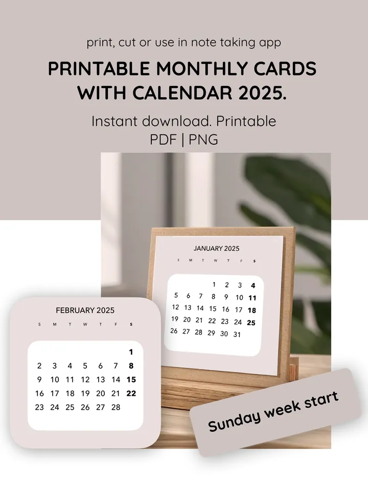 Desk Calendars: Printable Monthly Cards for Your Planner Divider! Monthly planner templates. Easy print desk calendar 2025. Calendar crafting. Sunday week start