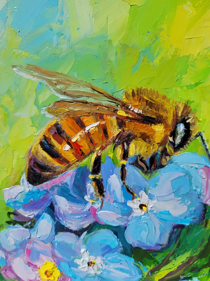Forget Me Not Flower Honey Bee Painting Original Art Impasto Oil Painting 8x10 Birthday Gift Bee Artwork Blue Flower Wall Art by ArtFromVictoria