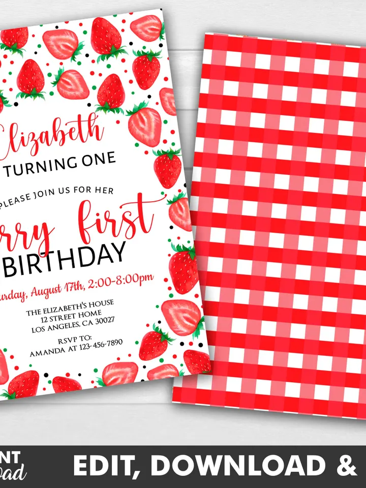 Berry First Birthday Invitation, Strawberry Birthday Invitation, 1st Birthday Invitation Girl, Summer Invitaton Editable Template