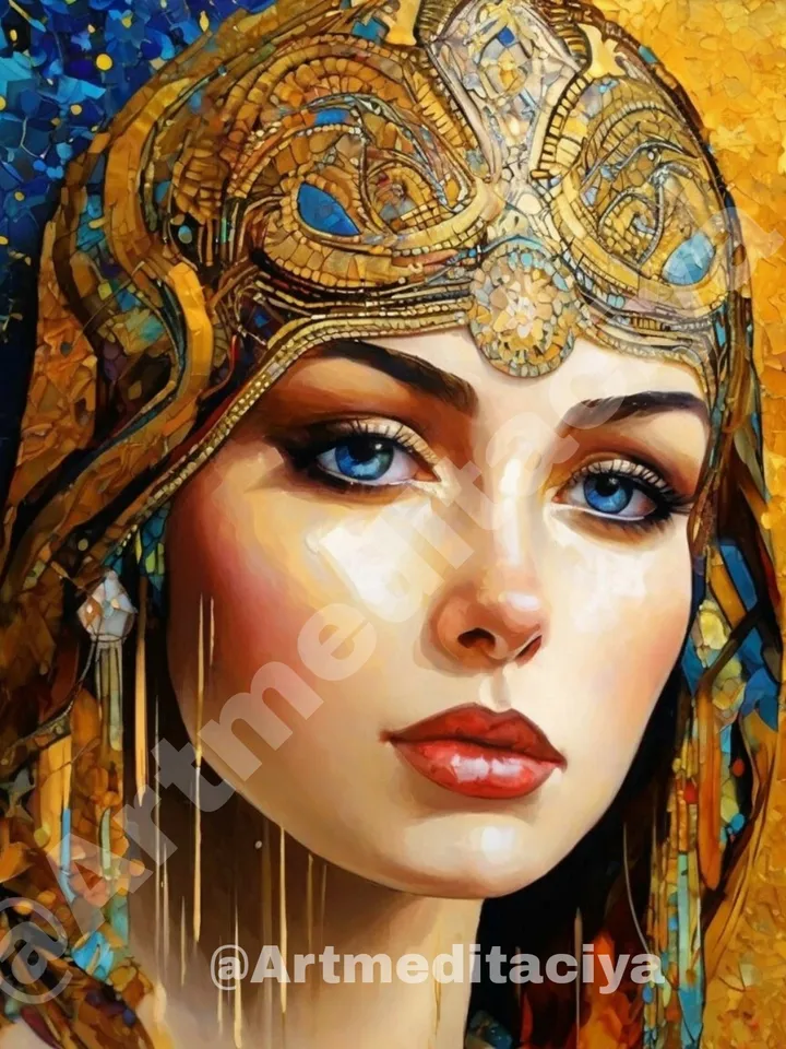Digital abstract modern painting "Mysterious Stranger", a sweet blue-eyed Slavic woman in an ornamental golden-blue shawl on an abstract contrasting blue-yellow background "day-night", made in the ethnostille of oil painting