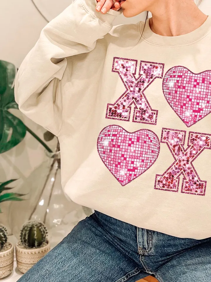 XOXO Faux Sequin PNG Disco Ball Valentine, Valentines Day Png, love png, Retro Valentines Png, Trendy Valentines Png, valentine shirt png
