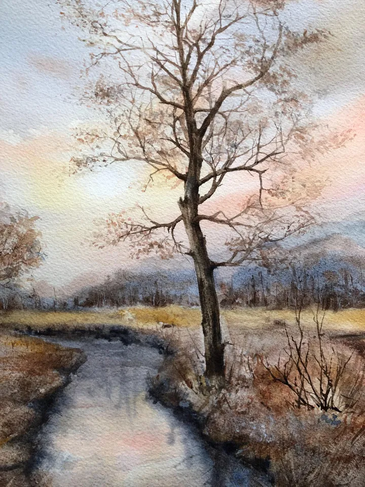 Original Landscape River Watercolor Painting Autumn Wall Art