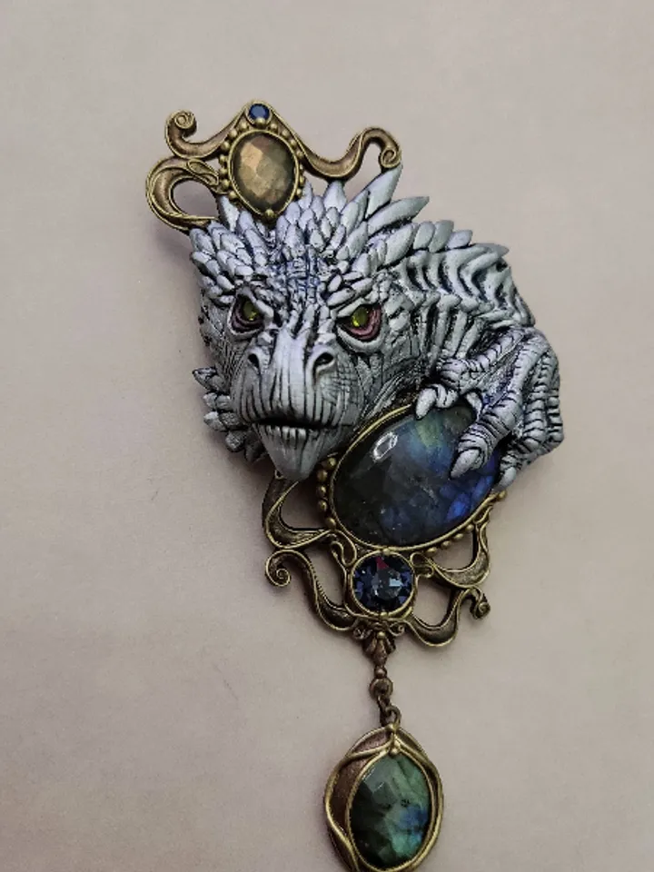 Brooch White Dragon, Dragon, Brooch with stones, unique brooch