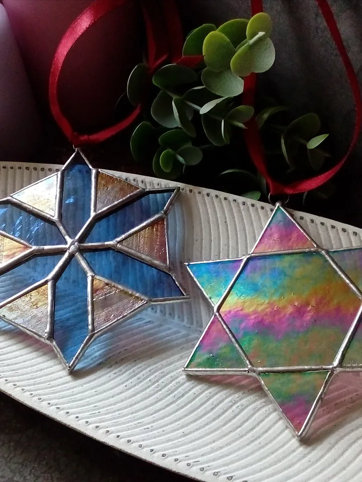 Set of 2 snowflake suncatchers, christmas ornaments, simple stained glass, Christmas decorations, Xmas tree star