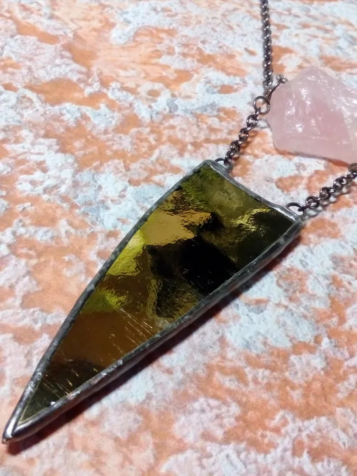 Spike necklace, rose quatrz pendant, stained glass necklace, geometric pendant, triangular necklace