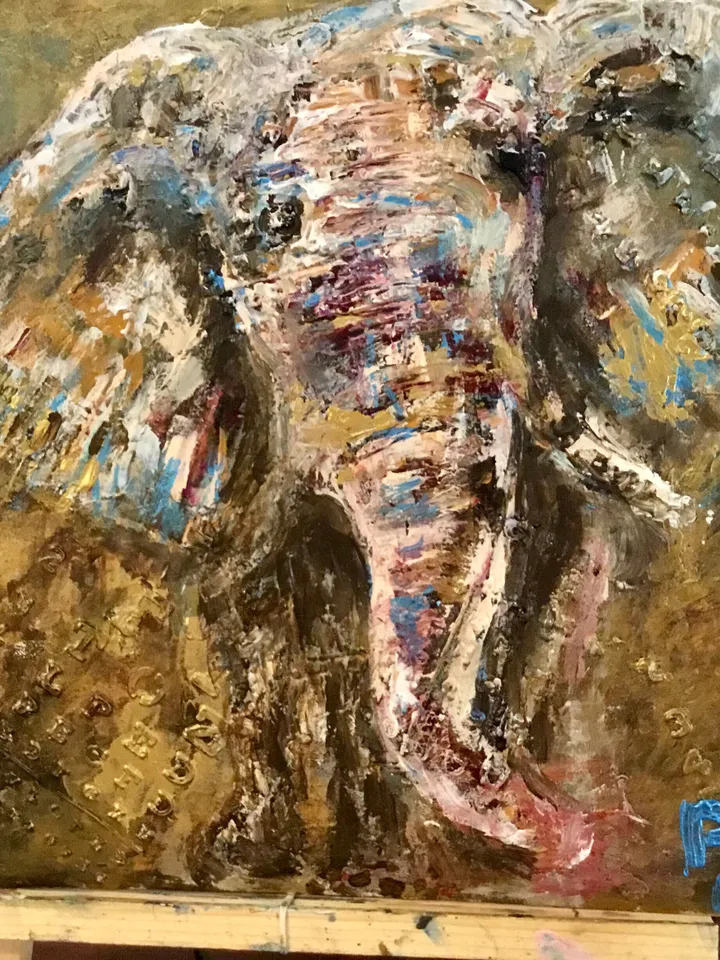 Golden elephant original acrylic mix media textured painting on cardboard,abstract animals wall art,nursery room decoration,personalized