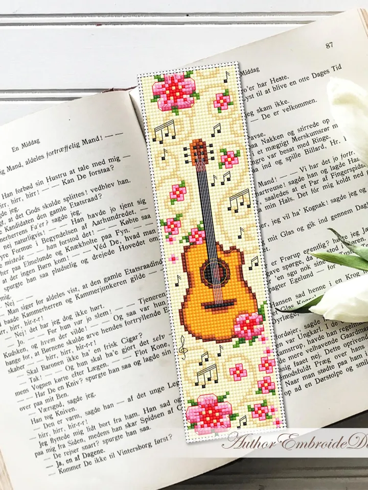 Music bookmark cross stitch pattern PDF download Acoustic guitar cross stitch chart, Flower bookmark pattern digital PDF Floral guitar #B408