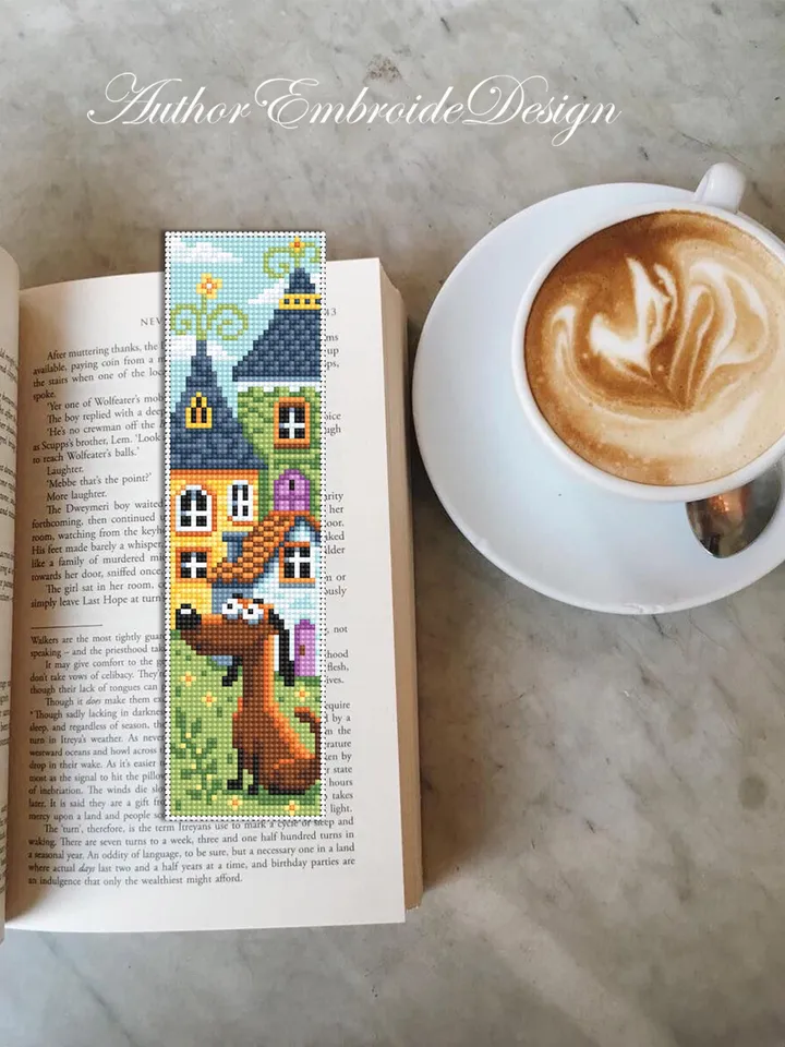 Dog bookmark cross stitch pattern PDF download Pet cross stitch chart, Simple bookmark pattern digital PDF, Fairy houses cross stitch #B467