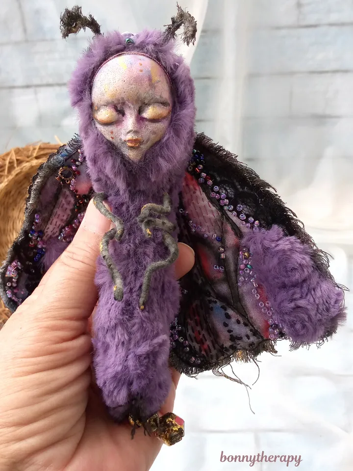 Art doll Moth 5.9 inches, Fantasy cute creature.
