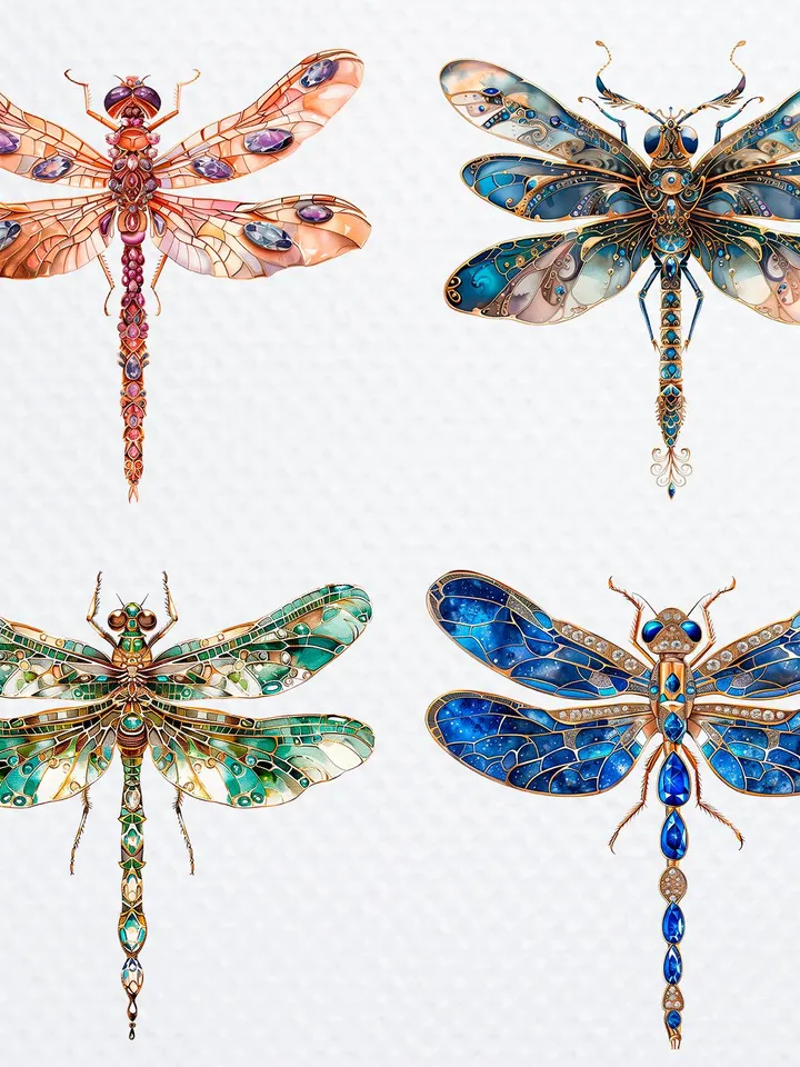 14 Jewelled Dragonfly PNG Bundle, Gemstones Printable Watercolor clipart for sublimation, High Quality PNG, Digital  Paper craft, journaling