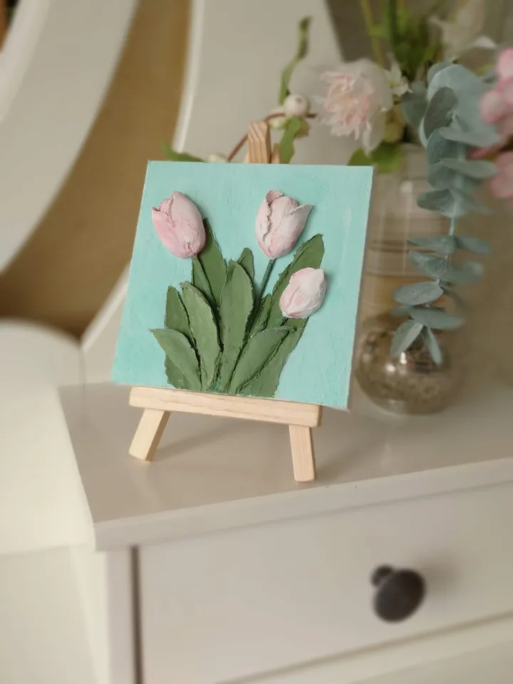 Mini canvas painting of pink tulips on easel for Mother's Day Floral painting on easel Gift for woman Spring flowers