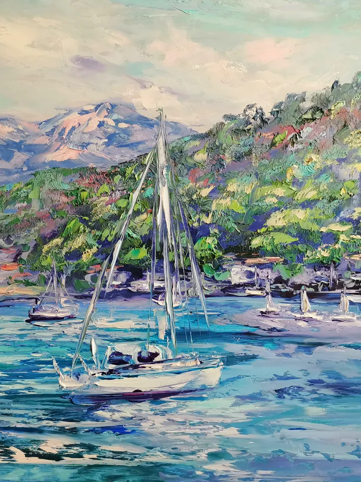 Yachts Sailboats Sea Mountains Original Art Oil Painting Resort Rocks Artist Svinar Oksana