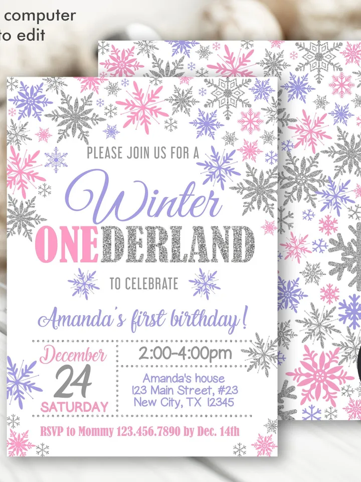 Winter Onederland Birthday Girl Invitation 1st Birthday Invitation, Winter Wonderland Birthday Invitation, Pink Purple Silver Snowflake