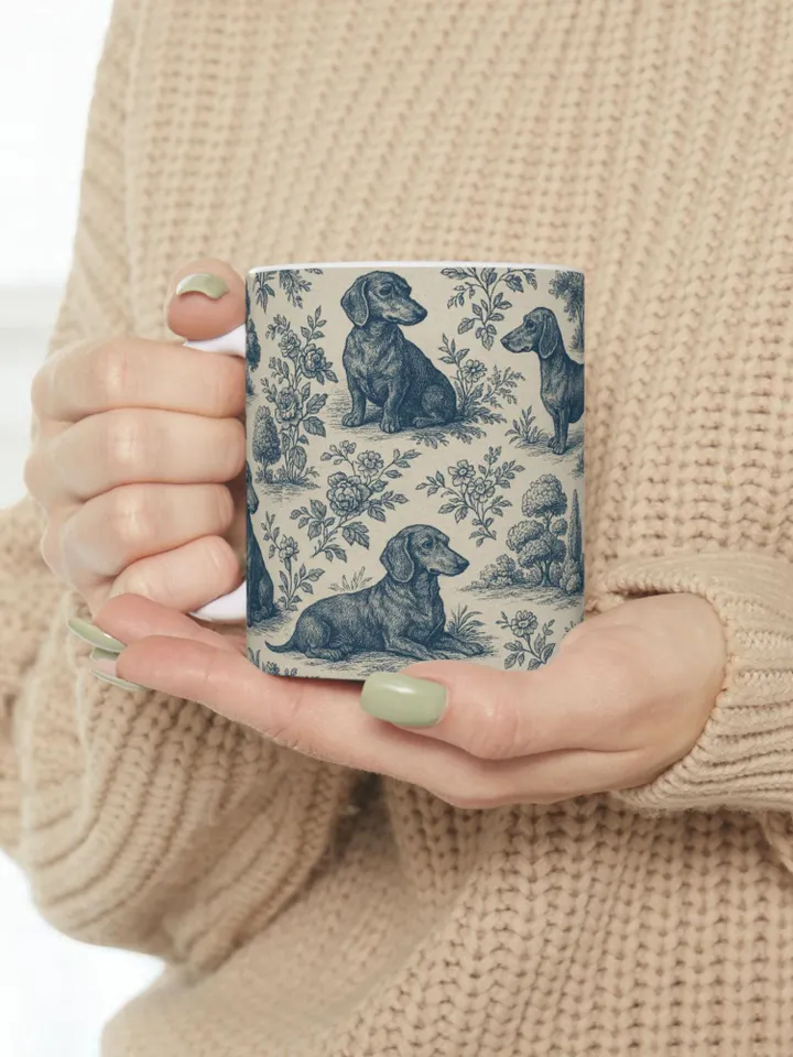 Dachshund French Toile de Jouy Ceramic Mug, Toile Coffee Cup for Doxie Mom, Sausage Dog Lover Gifts, Dog Tea Drinkware, Gift For Dog Lovers