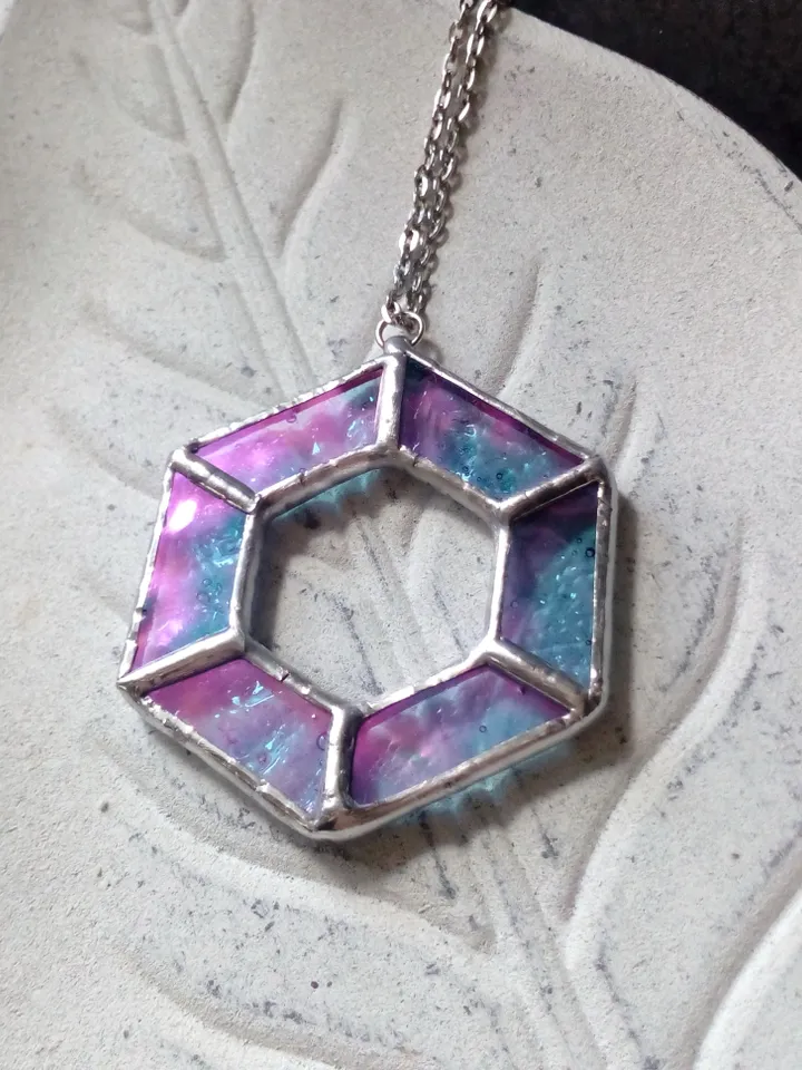 Iridescent stained glass, geometric pendant, Hexagon dichroic necklace, Stained glass cute necklace, Sacred geometry