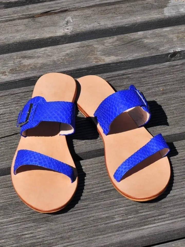 Genuine Python Skin and Genuine Lether Bright Blue Sandal | women shoes | Handmade shoes | women summer sundal | Exotic leather shoes