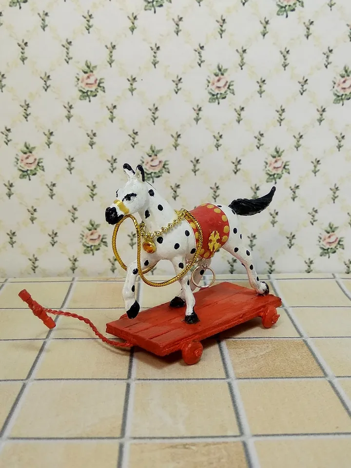Horse on a cart. Dollhouse toy.1:12 scale.