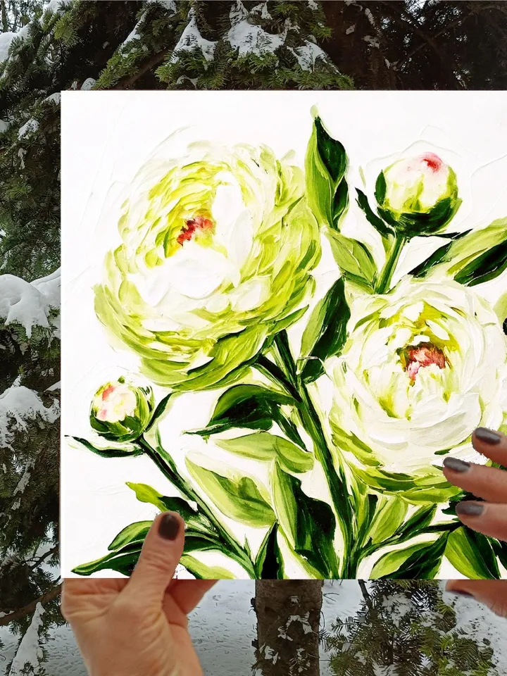 Peony Painting Flower Original Art Blue Peonies Impasto Oil Painting Small Wall Art Gift by ArtProkopaloSv