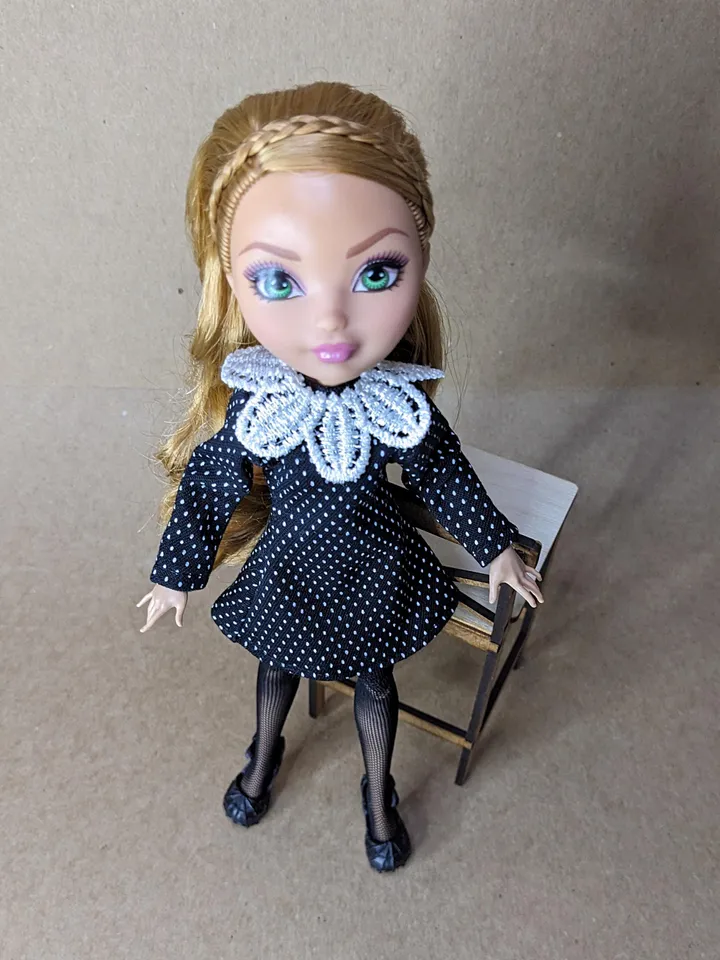 Handmade polka dot black mini dress for 10.5-inch female dolls (MH, EAH)