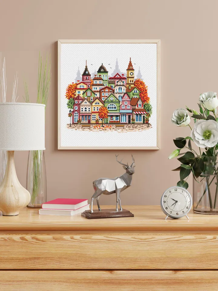 Fall houses cross stitch pattern PDF download Autumn cross stitch chart, Autumn city pattern digital PDF, Urban landscape, Home decor #E18