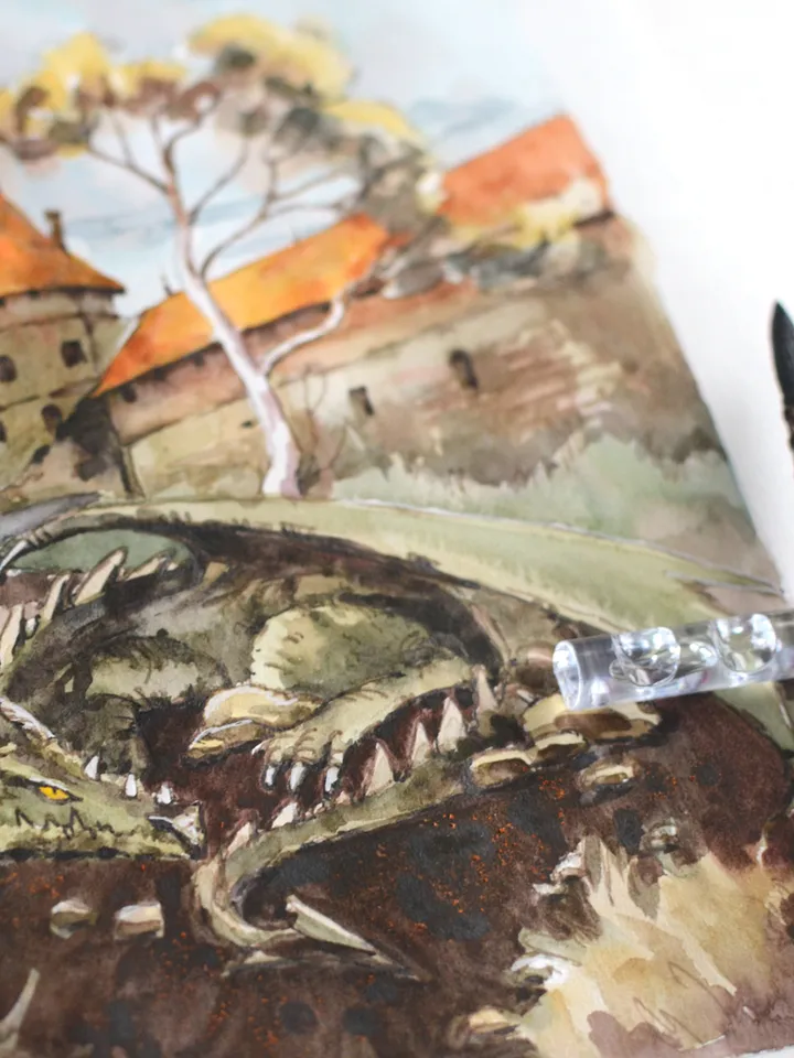 Fantasy dragon castle art Original watercolor painting by Yulia Evsyukova