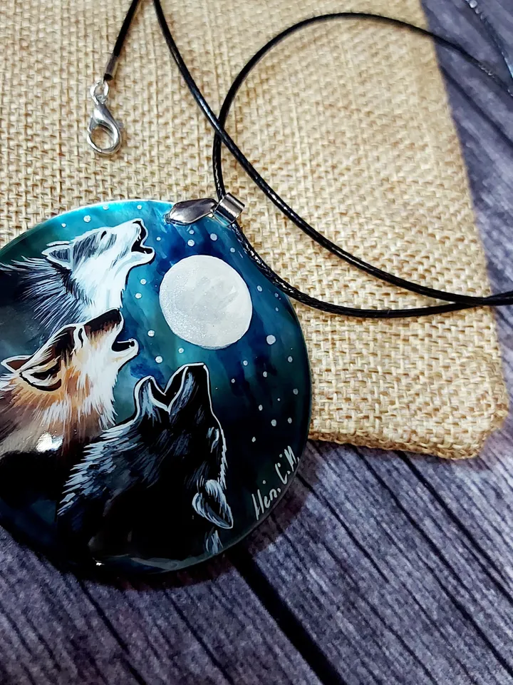 Pearl pendant necklace: The hunting pack of Wolves is howling on the moon • unique handmade jewelry • statement aesthetic necklace for dress