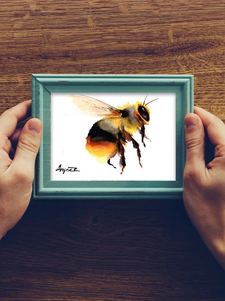 Bumblebees original watercolor, bee painting, handmade wall decor, 4x6 in small art for bees lovers by Anne Gorywine
