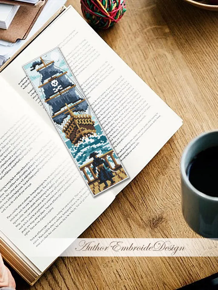 Pirate bookmark cross stitch pattern PDF download Pirate ship cross stitch chart, Needlepoint bookmark pattern digital PDF for boys #B474