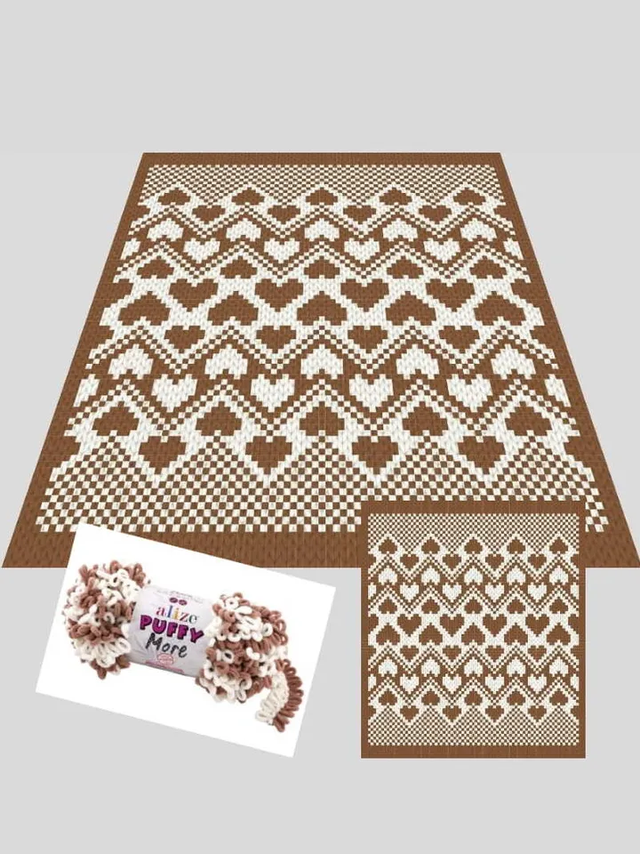 Hearts Zig Zag-Loop yarn Finger knitted blanket pattern