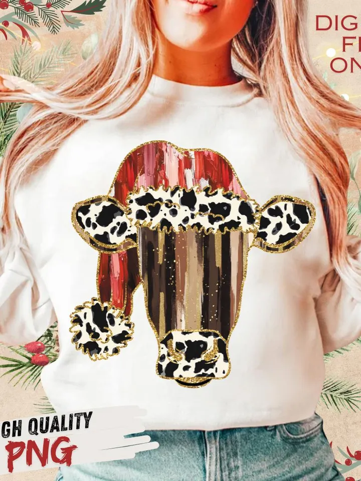 Colorful Coquette glitter cow png girls brushstroke mooey christmas design cow Christmas winter png bow acrylic brushstroke cow western