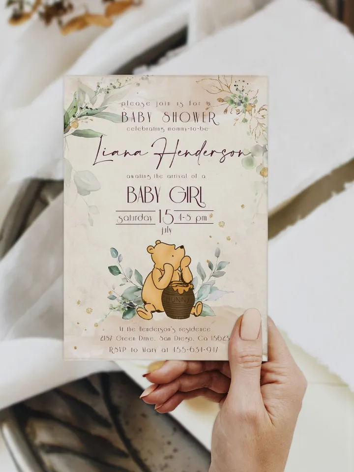 Classic Winnie Pooh Baby Shower Invitation; Girl Baby Shower Template; Gentle Rose Baby Shower Invite; Honey Bear Invite; Winnie Templat