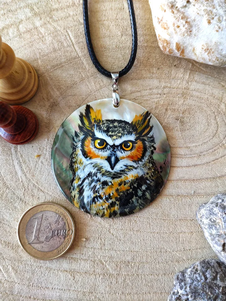 Pearl pendant necklace: Wise and Mysterious Eagle owl on handmade lacquer pendant • Statement wild bird • Aesthetic boho ethnic owl necklace