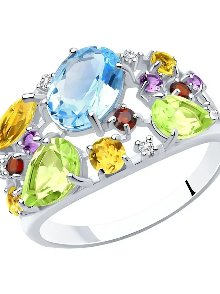 Silver ring with topaz, cubic zirconia, amethyst, chrysolite, citrine and garnet 925 assay value
