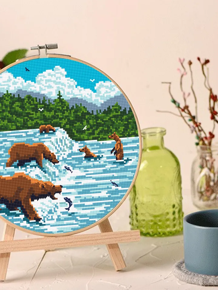 Katmai national park cross stitch pattern PDF download Bears catch fish, Nature cross stitch chart, Brooks falls in Alaska Bear fishing #L70