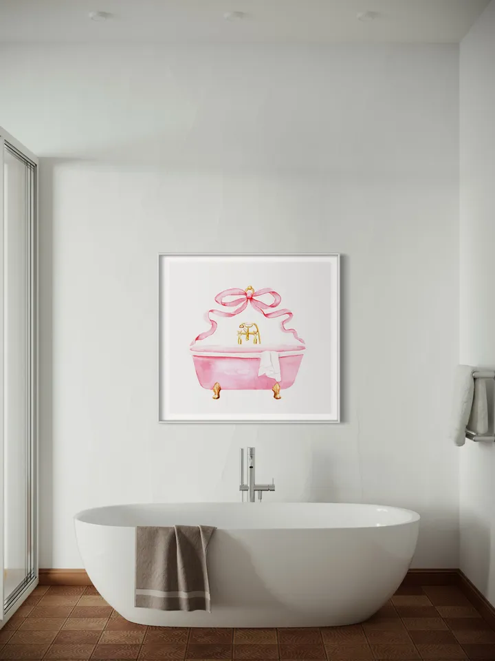 Pink Bathroom Vintage Bow Art Print, Watercolor Painting, Retro Bathroom Decor, Girls Bathroom Decor, Pink Bathtub, Gift For Her, Bath Time