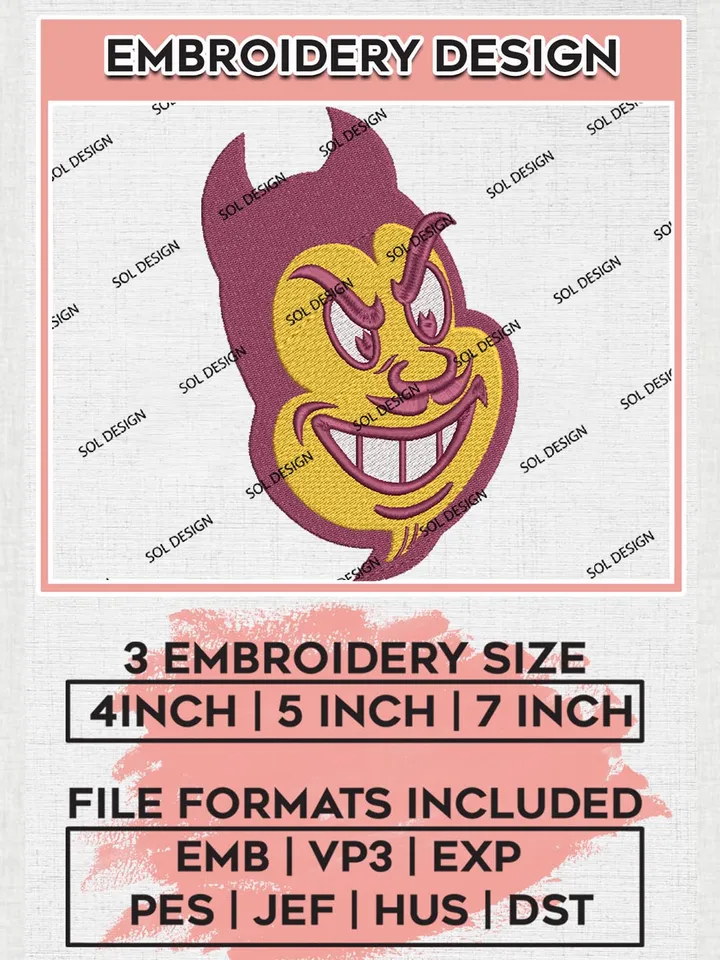 NCAA Arizona State Sun Devils College Team Head Mascot Logo Embroidery Design Files, NCAA Arizona State Sun Devils Machine Embroidery, NCAA Teams, 3 sizes, NCAA Machine embroidery designs, Digital Download