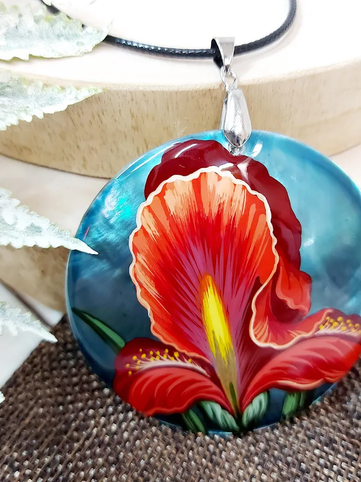 Iris. Flowers of spring. Fans of irises. Hand-painted pendant. Mother-of-pearl. A floral gift. Hand painted miniature painting. Miniature