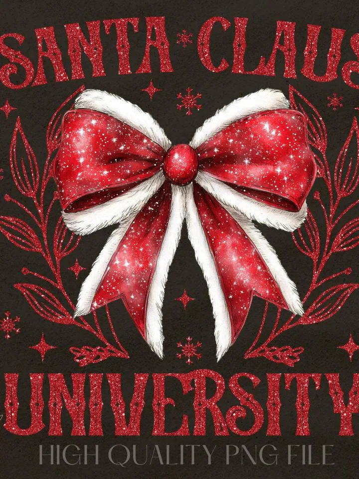 Santa Universty PNG, Retro Christmas png, Vintage Santa png, Coquette Bow Santa Claus, Merry Christmas png, Santa png, Glitter Sublimation