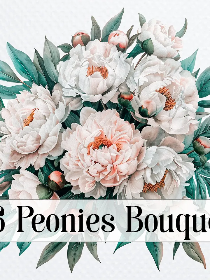 16 Peonies Bouquet PNG Clipart, Watercolor Peonies sublimation Print, Digital download, Peonies scrapbook images, Paper craft, junk journal