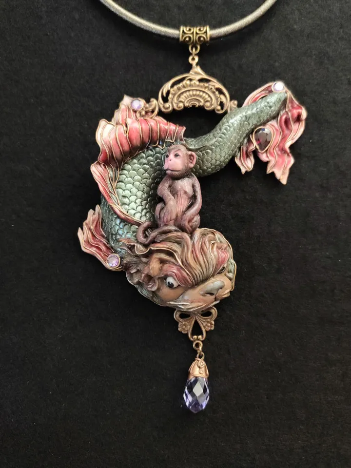 Art Nouveau Necklace Monkey on a Dolphin based on an engraving by Gustav Dore