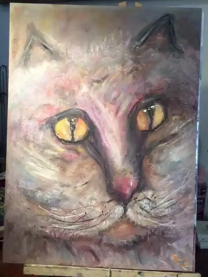 Fluffy cat original soft pastel painting,funny animals wall art,kids room decoration,nursery room painting,pink cat pastel painting,gift.
