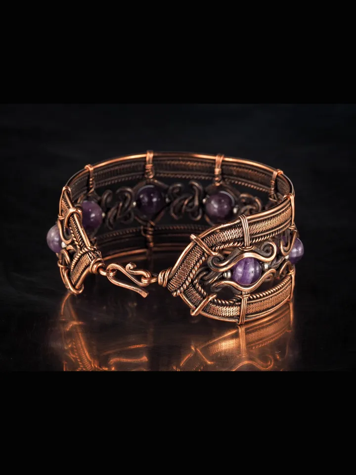 Copper wire wrapped bracelet with amethyst for lady Antique style WireWrapArt
