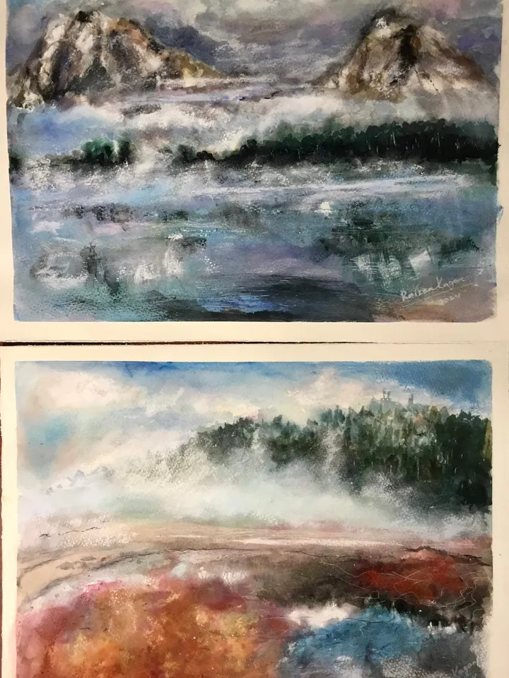 Grand Teton and Yellowstone national USA parks,landscape original watercolor painting,semi-abstract,nature painting,holiday memory gifts