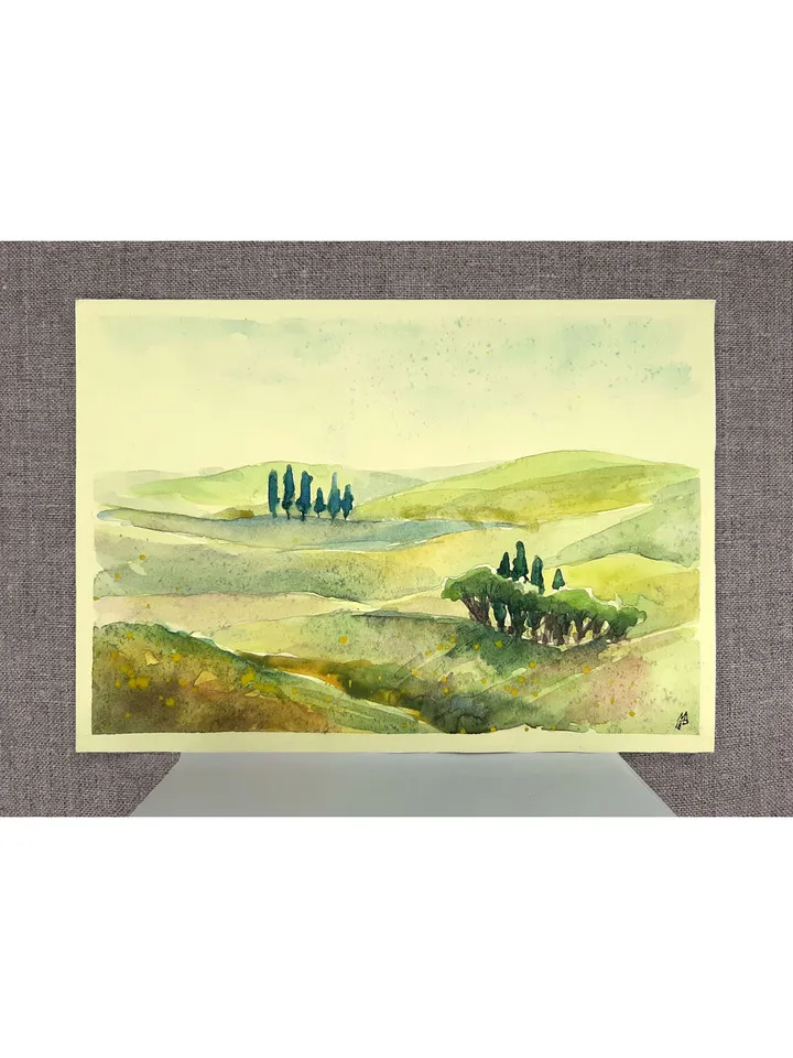 Tuscany Hills Sultry Summer Landscape 5,9 x 8,3 inches ORIGINAL Watercolor Painting yellow Small Art Signed by artist Marina Chuchko
